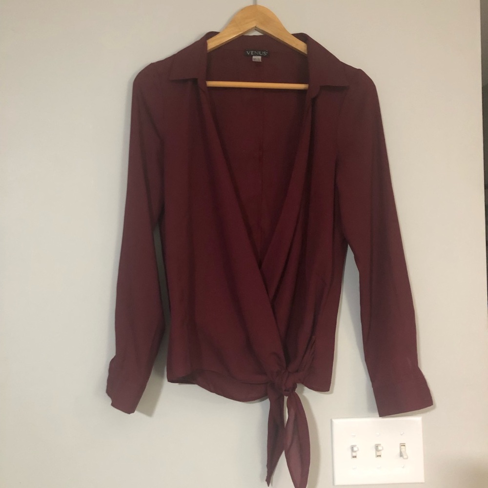 Venus Sheer Wrap Blouse Size 8 Maroon Collared Tie Front Faux Wrap